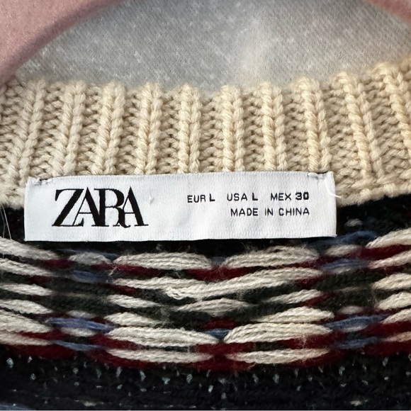 Zara size large jacquard knit cardigan cream blue green red EUC - Picture 6 of 10